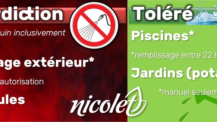 Nicolet interdit, à nouveau, l'utilisation extérieure de l'eau potable pour l'arrosage et le lavage des véhicules, cette fois jusqu'au 22 juin