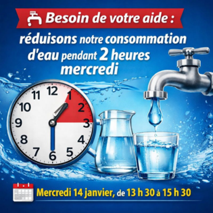 Appel à la collaboration pour une réduction temporaire de la consommation d'eau potable pour demain mercredi (14 janvier)